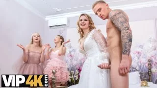 Lucky russian bride with shaved pussy in stockings group sex at the wedding and fucking foursome